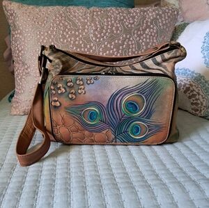 Vintage Anuschka Hand Painted Peacock Feather Animal Print Leather Handbag